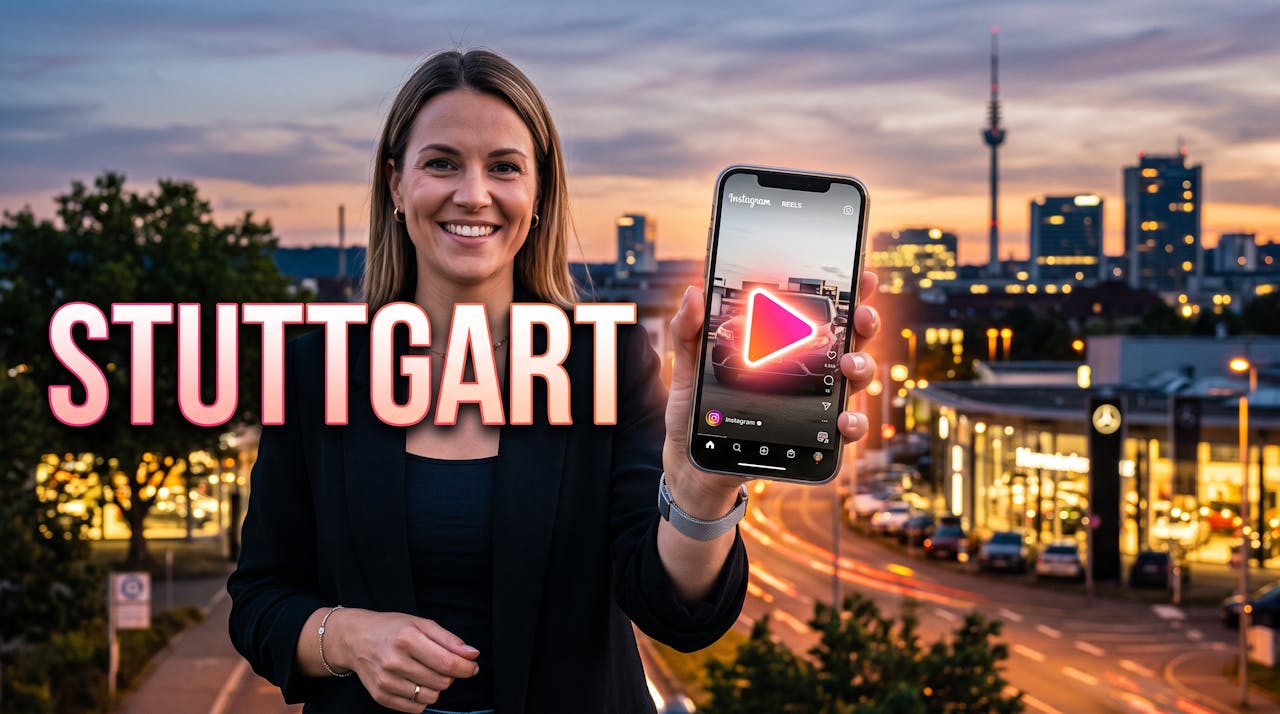 Instagram Agentur Stuttgart: Social-Media-Manager zeigt Instagram Reels Interface vor Stuttgarter Skyline