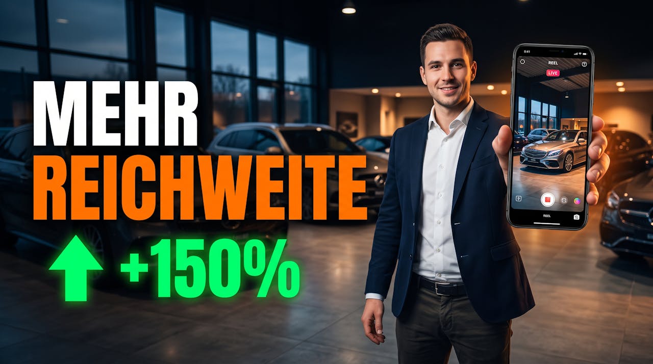 Reel Agentur für Autohäuser: Verkäufer filmt Fahrzeug-Reel im Showroom für mehr Reichweite